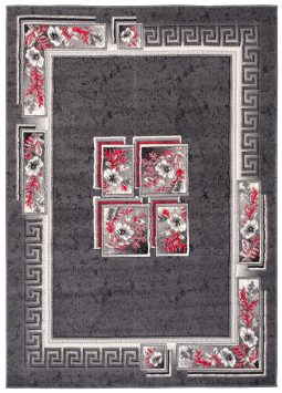 Vloerkleed Dream Grijs Rood Bloemen Vierkanten