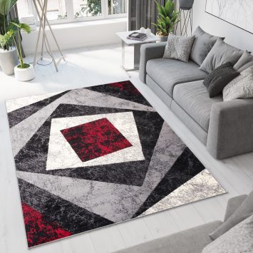Vloerkleed Dream Geometrisch Grijs Rood Vierkanten