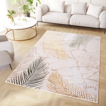 Vloerkleed Crystal Groen Goud Crème Bladeren 3D Effect