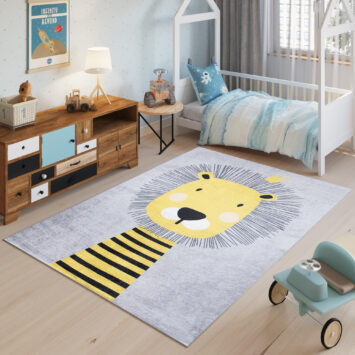 Vloerkleed Emma Kinderkamer Grijs Geel Leeuw Antislip