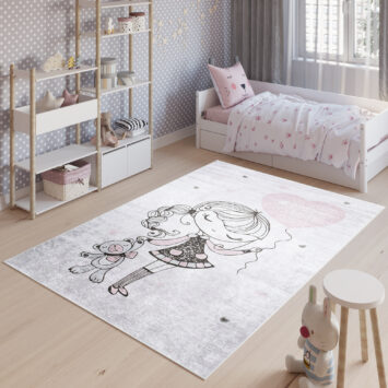 Vloerkleed Emma Kinderkamer Grijs Meisje Beer Antislip