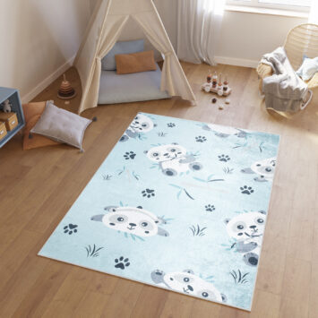 Vloerkleed Emma Antislip Wasbaar Blauw Grijs Panda's