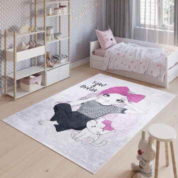 Vloerkleed Emma Roze Grijs Meisje Poes Antislip