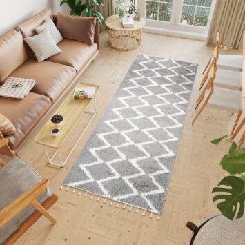 Tapijt Loper Boho met Franjes Grijs Zigzag Hoogpolig