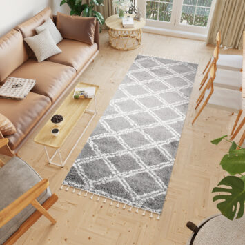 Tapijt Loper Boho met Franjes Grijs Geruit Hoogpolig