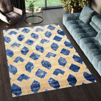 Vloerkleed Shine Marineblauw Goudkleur Geometrisch 3D-Effect