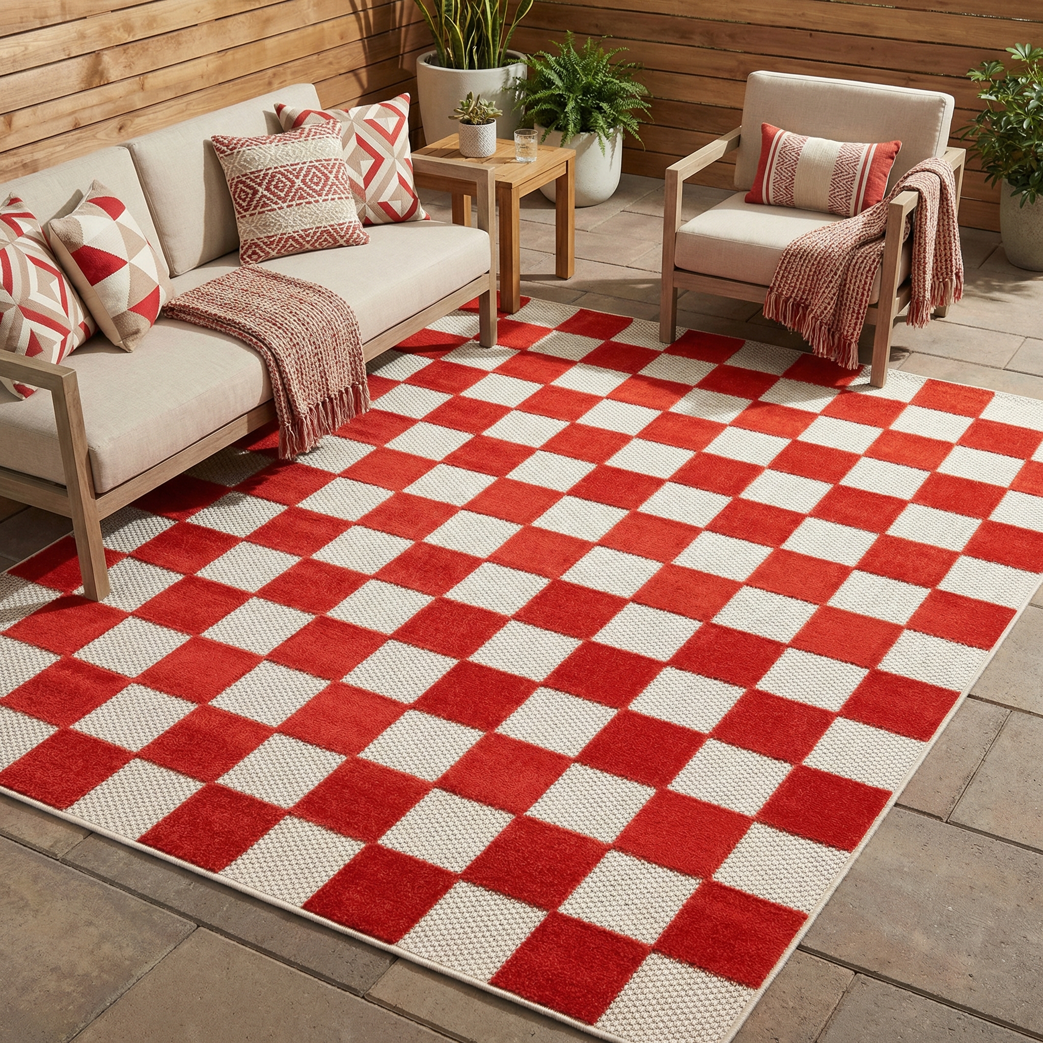 Buitenkleed Checker Crème Rood